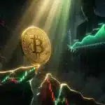 Photographie cinématique d'un Bitcoin en équilibre instable sous un graphique holographique, symbolisant le piège de la volatilité sur le marché crypto.