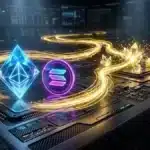 Photographie cinématique d'un flux d'énergie évitant Ethereum et Solana pour illuminer des petits cristaux, symbolisant la rotation des capitaux vers les altcoins.