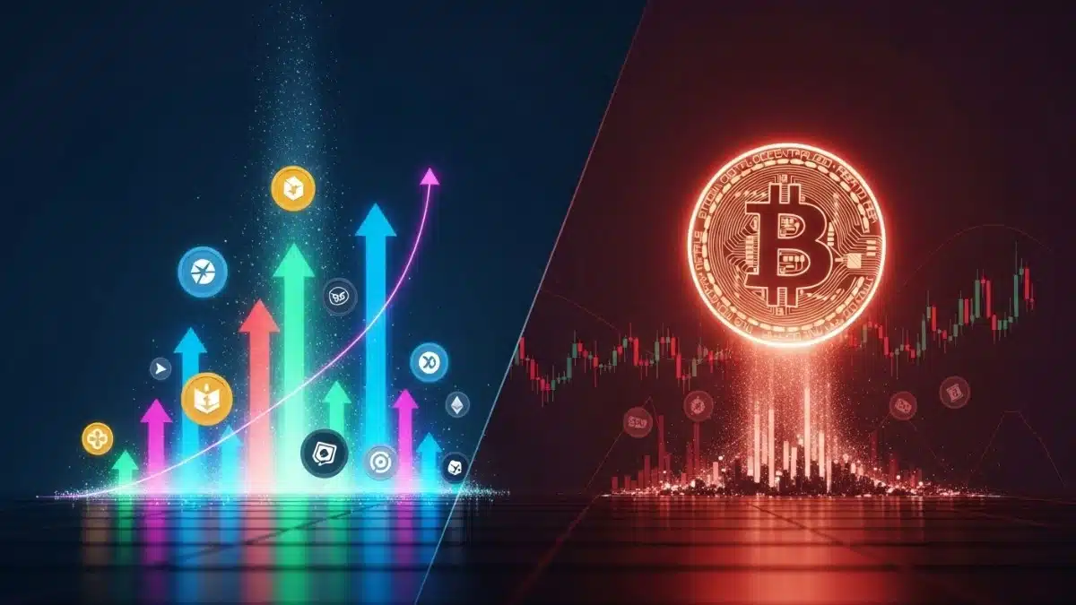 Illustration réaliste d’un marché crypto entre altseason avec hausse des altcoins et domination du Bitcoin entraînant une capitulation