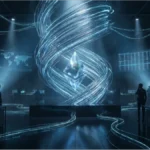 Illustration d'une salle de trading futuriste avec le logo Ethereum au centre d'un vortex numérique