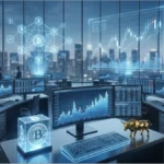 Graphiques de trading du cours Bitcoin sur des écrans dans une salle de marché professionnelle