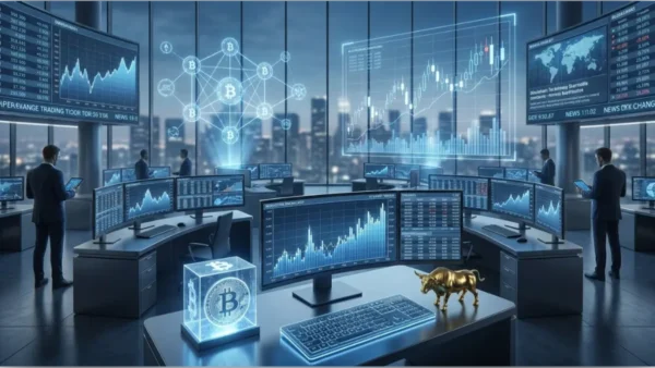 Graphiques de trading du cours Bitcoin sur des écrans dans une salle de marché professionnelle