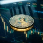 Pièce physique de crypto BTC sur un écran de trading illustrant le cours Bitcoin