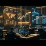 Traders institutionnels analysant les graphiques du Bitcoin sur des écrans géants dans une salle de marché