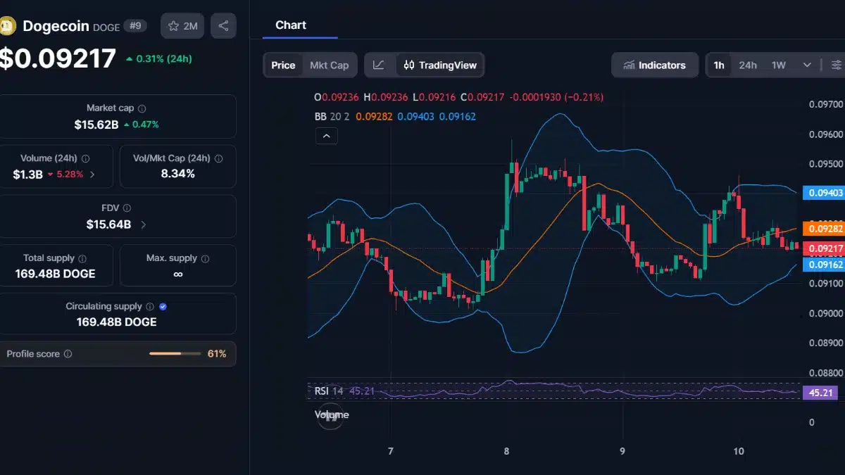 Graphique de trading Dogecoin DOGE avec indicateurs techniques et capitalisation boursière