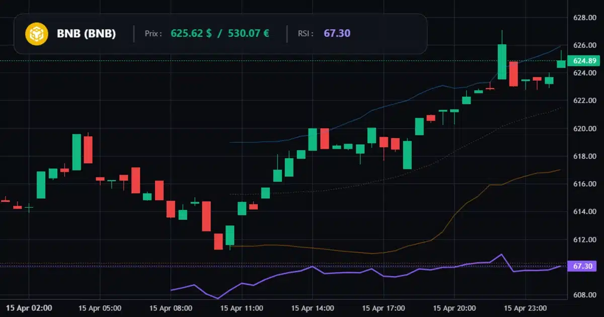 Capture d'écran du graphique technique affichant le prix du BNB (BNB) à 625.62 dollars.