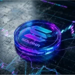 Jeton Solana avec logo sur un écran de trading affichant des courbes et chandeliers