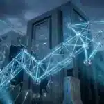 Graphique lumineux Ethereum en forme de flèche ascendante brisant du verre devant des gratte-ciel