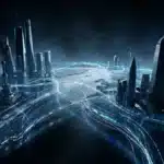 Réseau de paiement numérique Ripple avec flux de données bleus entre villes futuristes