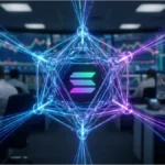 Logo Solana brillant au centre d'une structure technologique dans une salle de trading