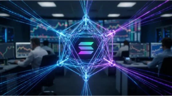 Logo Solana brillant au centre d'une structure technologique dans une salle de trading