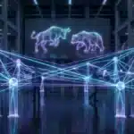 Graphique conceptuel du réseau Solana avec symboles du taureau et de l'ours dans une salle de trading