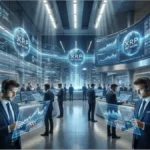 Traders dans une salle de marché futuriste analysant des graphiques financiers du XRP