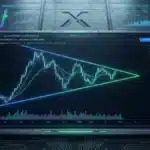 Graphique d'analyse technique du XRP montrant une formation en triangle symétrique sur une interface futuriste