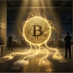 Illustration de la dominance du Bitcoin aspirant les capitaux des altcoins Ethereum, Litecoin et XRP dans une salle de trading