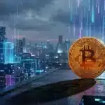 Pièce de Bitcoin géante sur un toit urbain futuriste sous la pluie avec indicateurs de baisse de marché et frais mineur bitcoin bas