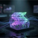 Cube technologique lumineux représentant la blockchain Solana dans une salle de trading institutionnel