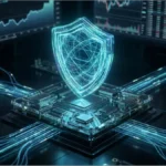 Illustration d'un bouclier numérique sur un processeur symbolisant la sécurité de l'architecture Cardano face aux failles du marché