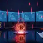 Un Bitcoin piégé dans un système informatique malveillant avec un insigne du FBI flou en arrière-plan, symbolisant la lutte contre la fraude crypto mondiale.