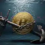Un Bitcoin lourdement attaché à une ancre coulant dans les abysses, symbolisant la noyade financière d'une entreprise britannique sous sa dette numérique.