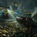 Photographie cinématique d'une baleine mécanique s'approchant d'un port avec des pièces Bitcoin, symbolisant le transfert vers Binance.