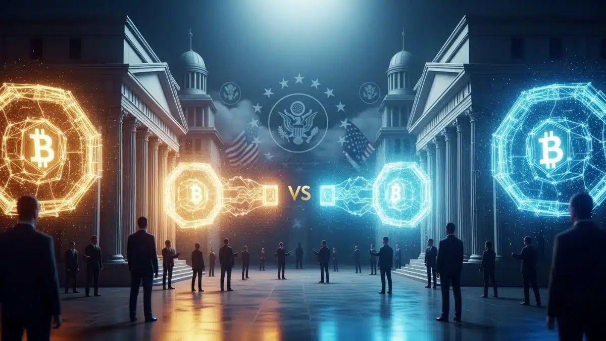 Illustration réaliste d’un affrontement entre banques traditionnelles et industrie crypto autour de la régulation aux États-Unis