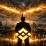 Photographie cinématique de Changpeng Zhao devant le logo Binance et le Capitole, symbolisant la guerre de la crypto.