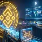 Photographie cinématique du portail Binance bloquant temporairement l'énergie d'Ethereum, avec des altcoins et un marché prédictif en arrière-plan.