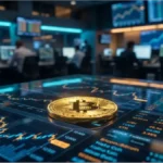 Représentation symbolique du Bitcoin face aux données macroéconomiques et aux flux institutionnels