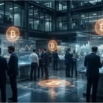 Traders analysant le cours Bitcoin sur des écrans holographiques dans une salle de marché moderne.