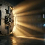 Coffre-fort ouvert avec lumière dorée et écrans de trading illustrant l'analyse du cours Bitcoin