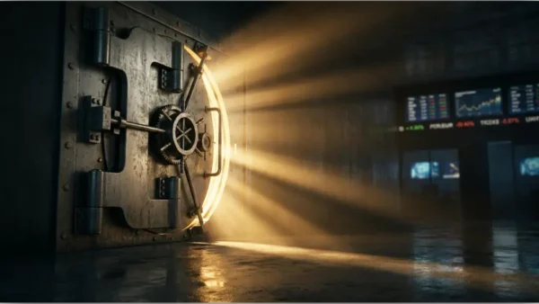 Coffre-fort ouvert avec lumière dorée et écrans de trading illustrant l'analyse du cours Bitcoin