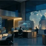 Salle de trading haute technologie analysant la prévision prix bitcoin avec des graphiques boursiers et une carte mondiale.