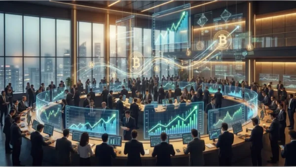 Graphiques financiers holographiques illustrant l'analyse technique et la hausse du cours Bitcoin dans un contexte macroéconomique favorable.