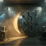 Coffre-fort numérique ouvert entouré d'écrans de trading affichant des graphiques du Bitcoin