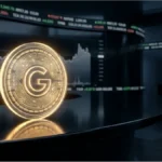 Représentation visuelle d'une crypto-monnaie sur fond de graphiques boursiers pour l'analyse du cours Bitcoin