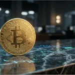 Pièce de Bitcoin dorée posée sur une table en marbre avec des graphiques de trading en arrière-plan