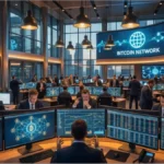 Salle de trading haute technologie avec graphiques financiers et traders analysant le cours du Bitcoin