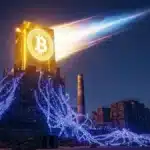 Illustration allégorique d'un Bitcoin lumineux s'élevant au-dessus d'une ferme de minage en ruine envahie par l'Intelligence Artificielle.