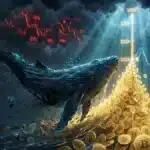 Photographie cinématique d'une énorme baleine sombre nageant à contre-courant de pièces Bitcoin, symbolisant le pari baissier d'une baleine crypto.