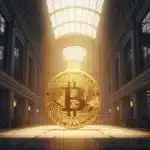 Photographie cinématique d'un Bitcoin doré agissant comme une ancre solide dans une institution financière, symbolisant la stabilité du marché.