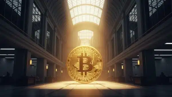 Photographie cinématique d'un Bitcoin doré agissant comme une ancre solide dans une institution financière, symbolisant la stabilité du marché.