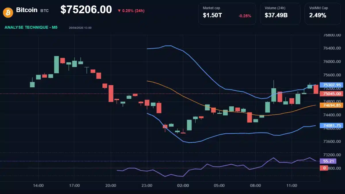 Graphique du cours Bitcoin à 75206 Analyse technique du cours de Bitcoin de bitcoin à 75206 $ aujourd'hui