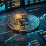 Pièce de Bitcoin physique sur des graphiques financiers illustrant l'évolution du cours Bitcoin