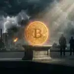 Photographie cinématique d'un Bitcoin immobile face à une tempête géopolitique, symbolisant la pause des investisseurs institutionnels.