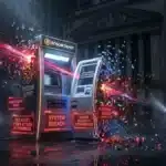 Photographie cinématique d'un distributeur de cryptomonnaies détruit par une cyberattaque, symbolisant le Bitcoin Depot hack.