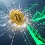 Un Bitcoin doré brisant violemment un lourd plafond de verre, entouré de graphiques financiers lumineux verts illustrant la hausse du cours.