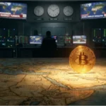 Pièce de monnaie Bitcoin sur une carte du Moyen-Orient illustrant l'évolution du cours Bitcoin durant le conflit USA-Iran.