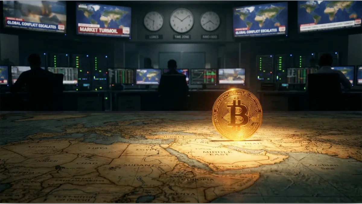 Pièce de monnaie Bitcoin sur une carte du Moyen-Orient illustrant l'évolution du cours Bitcoin durant le conflit USA-Iran.
