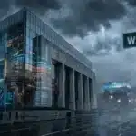 Bâtiment de la Federal Reserve avec une puce IA numérique sous un orage à Wall Street, illustrant la prédiction prix bitcoin.